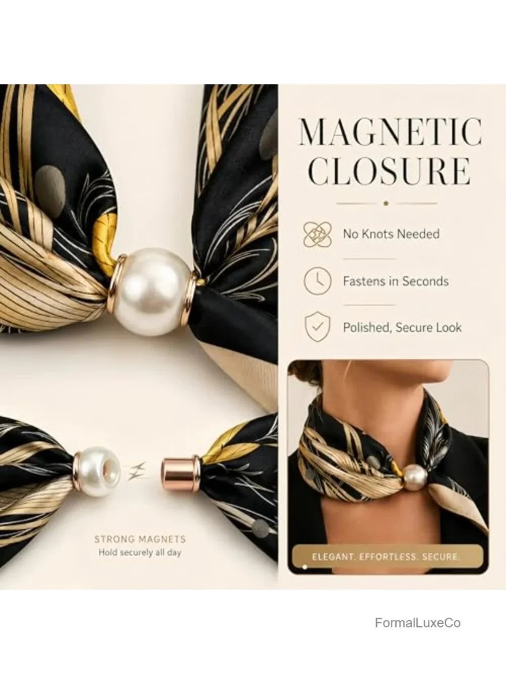 Magnetic Buckle Scarf with Pearl Charm Satin Square Scarf Neck Retro Floral